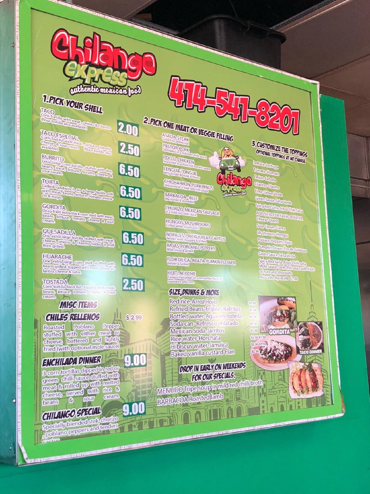 Menu at Chilango Express LLC restaurant, West Allis, W Lincoln Ave