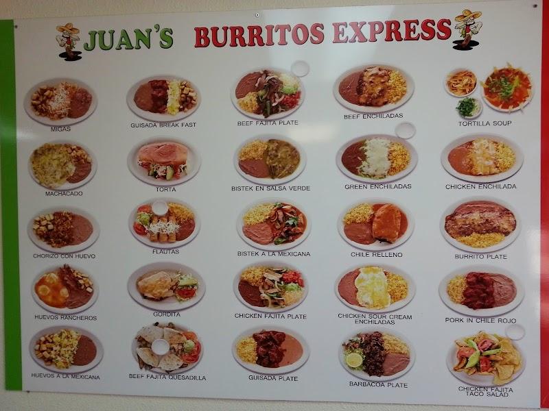 Menu at Juan's Burrito Express restaurant, Fort Worth