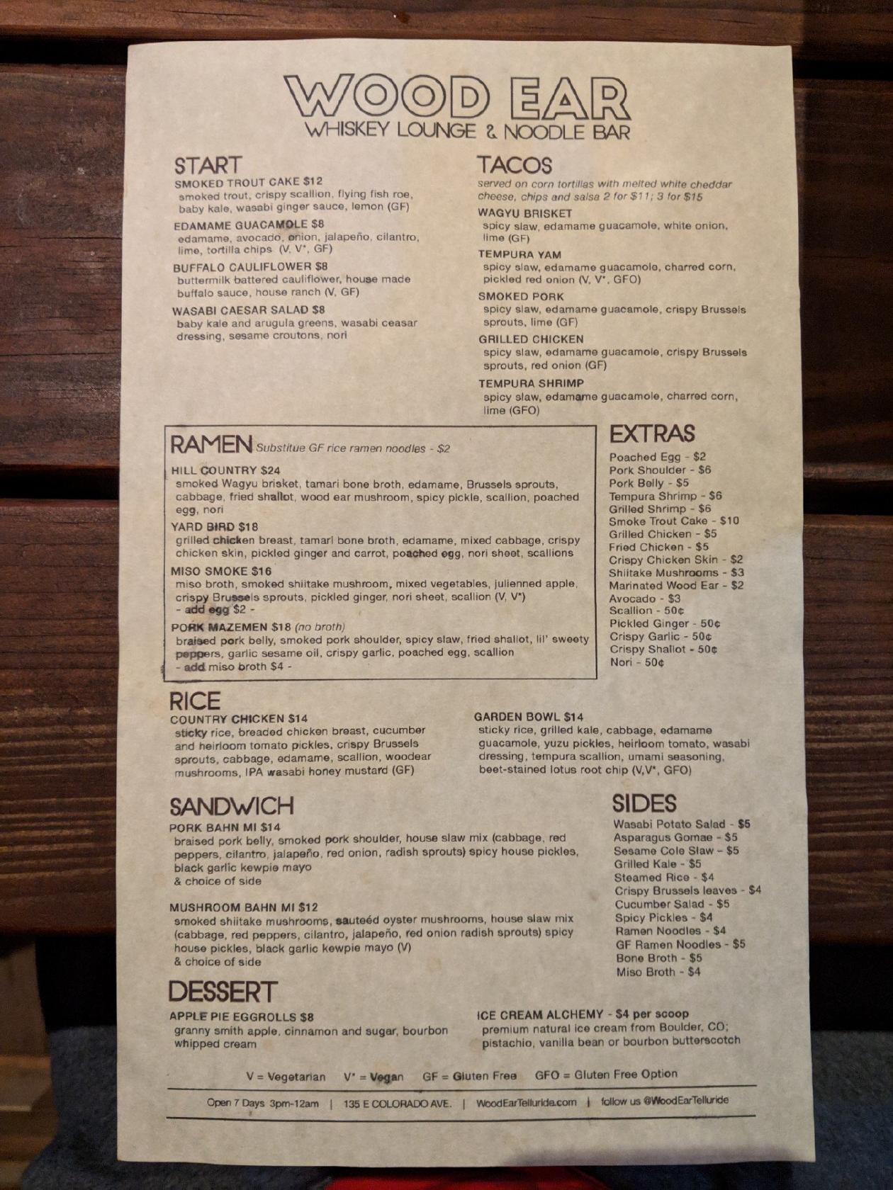 Carta del pub y bar Wood Ear, Telluride