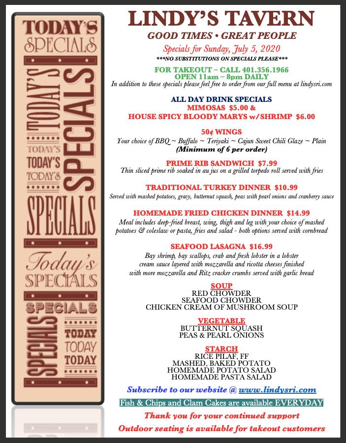 Menu at Lindy's Tavern pub & bar, North Smithfield