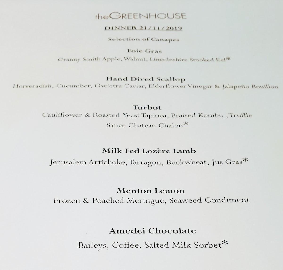 Menu at The Greenhouse restaurant, Dublin