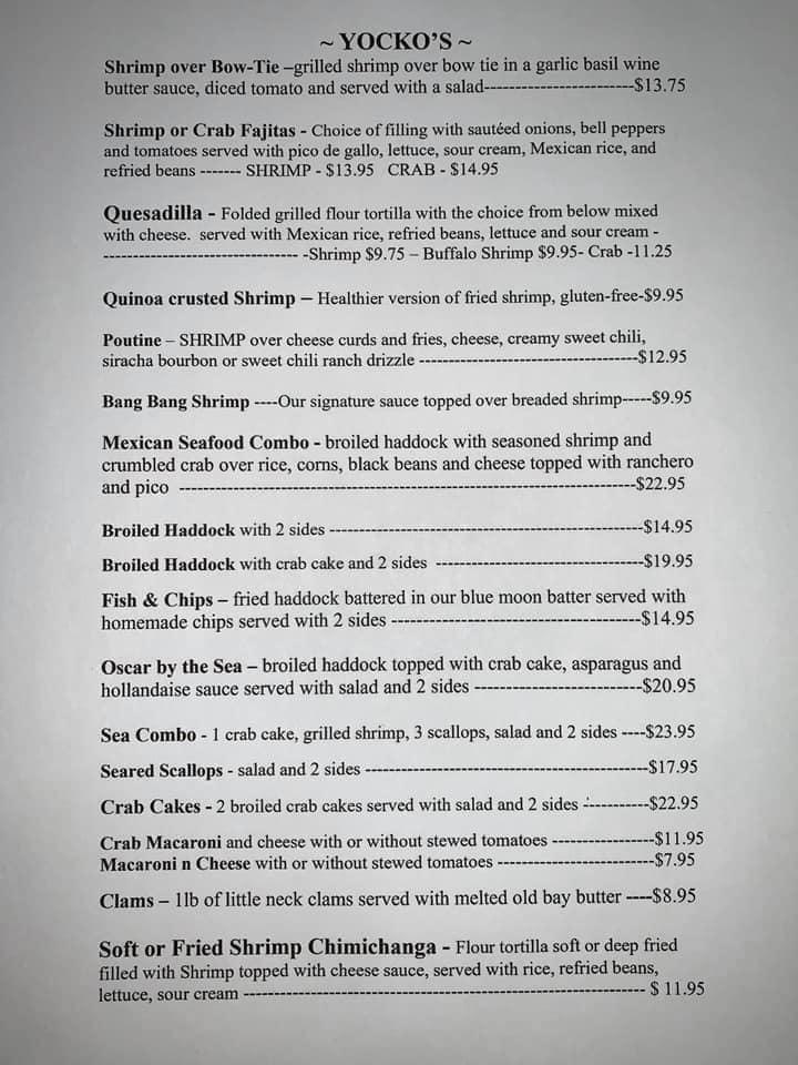 Menu at Yocko's pub & bar, Minersville