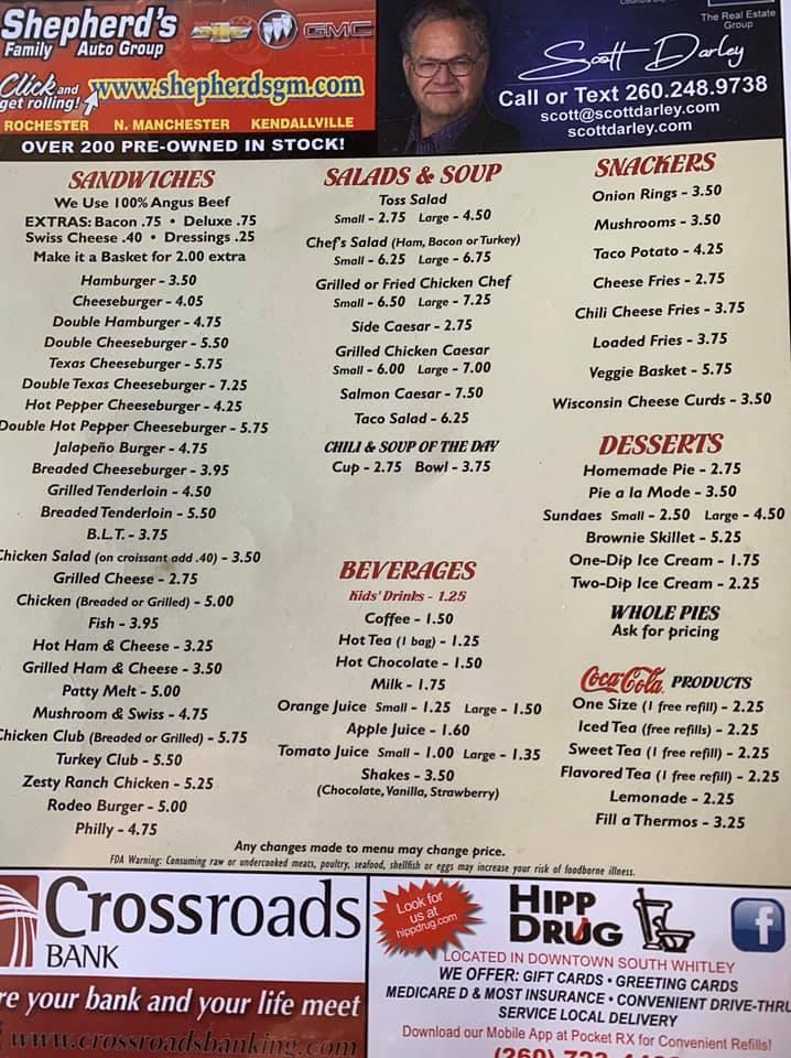 Menu at Moyers cafe, South Whitley