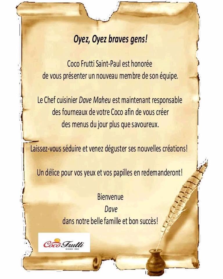 Menu au Coco Frutti StPaul restaurant, Joliette