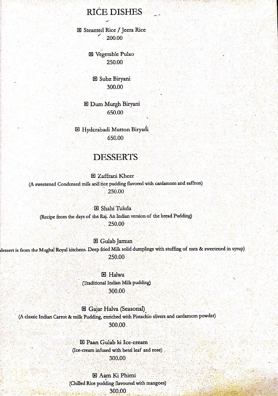 Rasa Restaurant menu