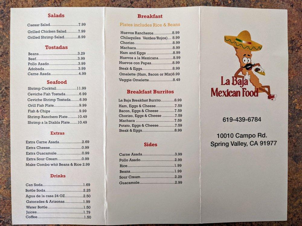 Menu at La Baja Mexican Food restaurant, Spring Valley