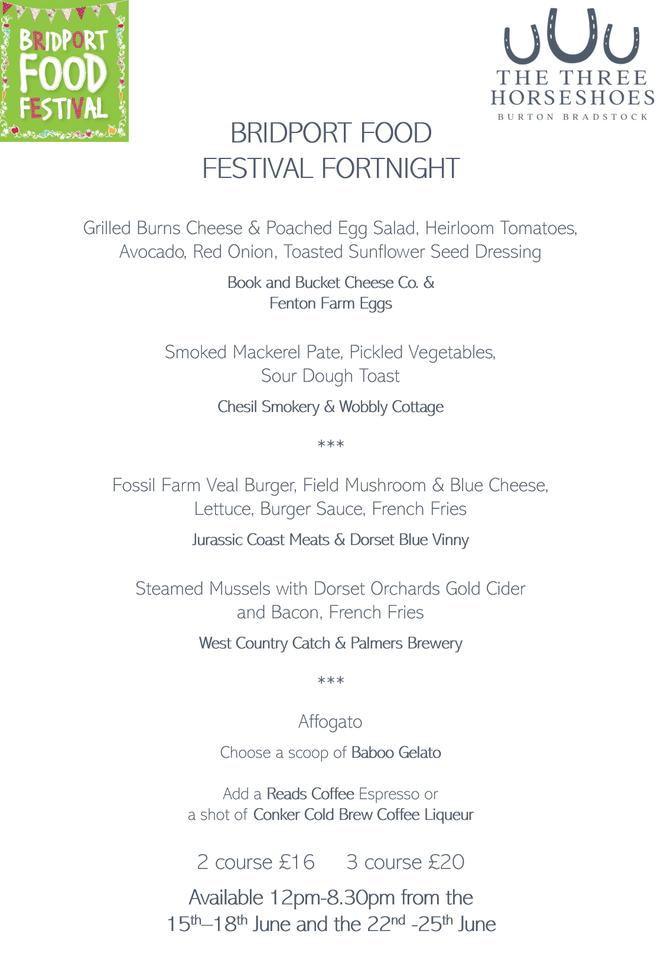 Menu at The Three Horseshoes pub & bar, Burton Bradstock