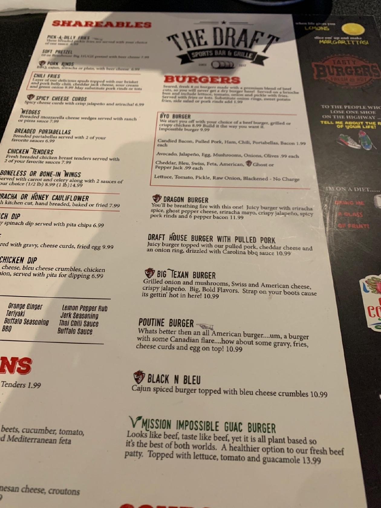 Menu at The Draft Sports Bar & Grill, Swartz Creek