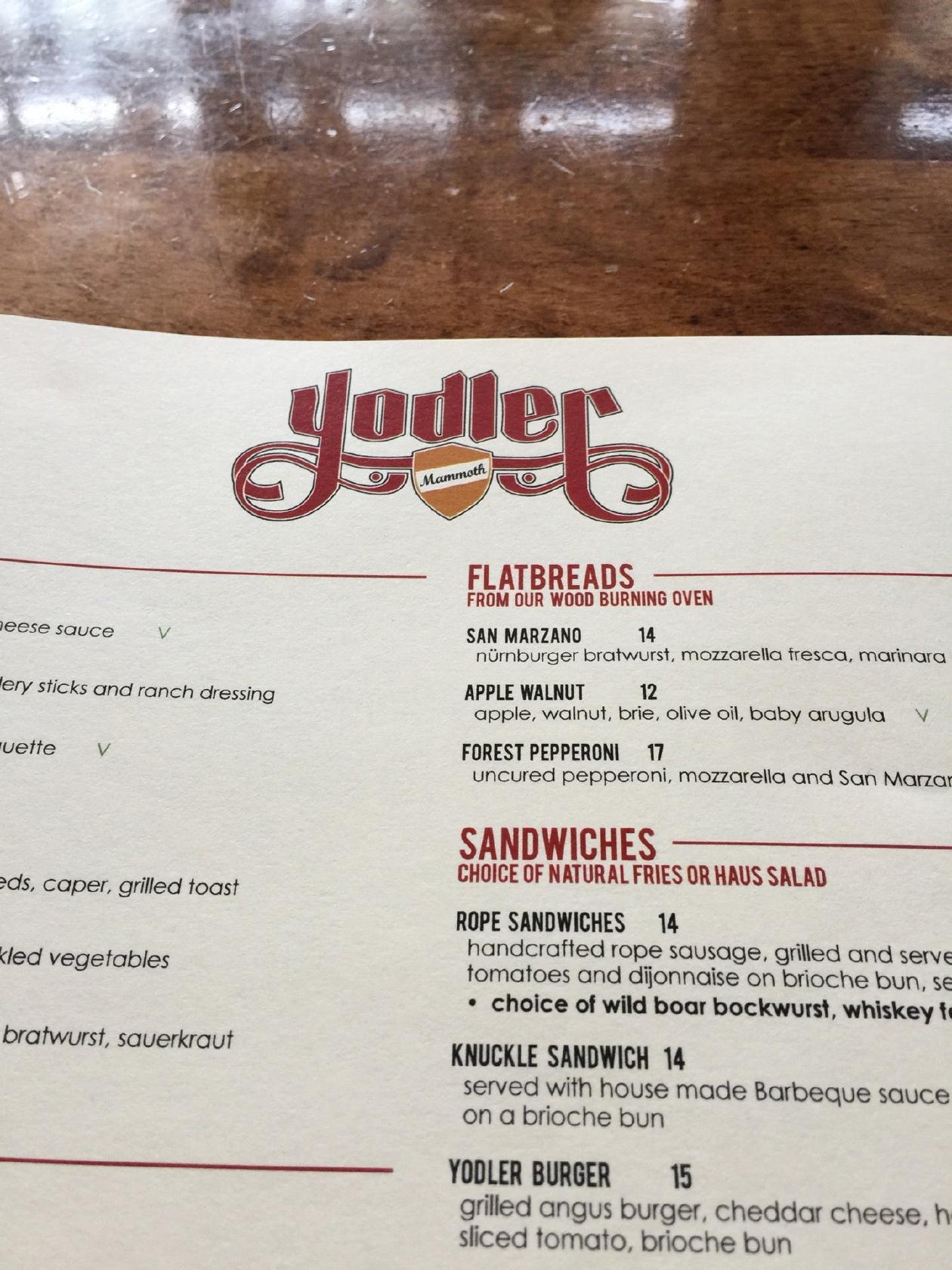 Menu at The Yodler Restaurant & Bar, Mammoth Lakes, Minaret Rd 2120