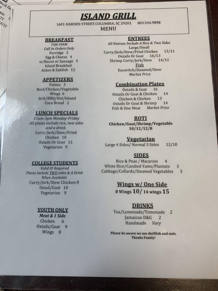 Menu at Island Grill restaurant, Columbia