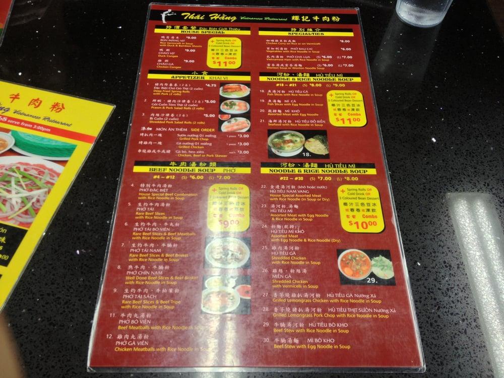 Menu at Pho Thai Hang 2 Restaurant, Vancouver