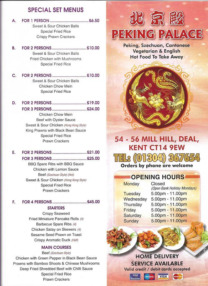 Menu at Peking Palace fast food, Deal