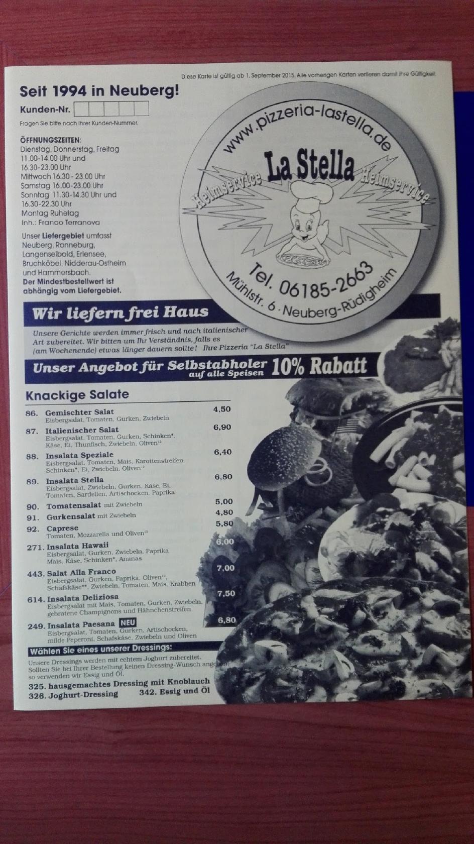 Speisekarte von Pizzeria la Stella, Neuberg