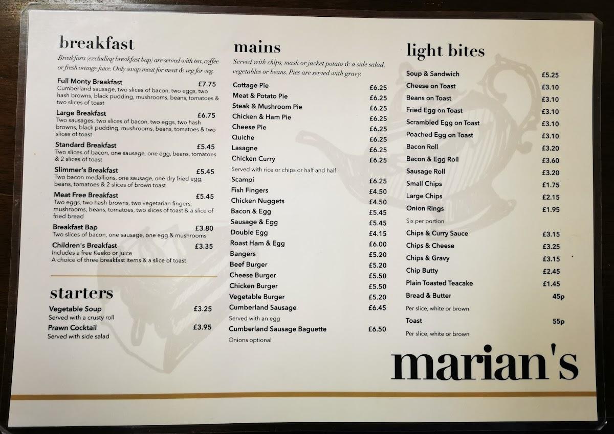 Menu at Marian's cafe, Workington