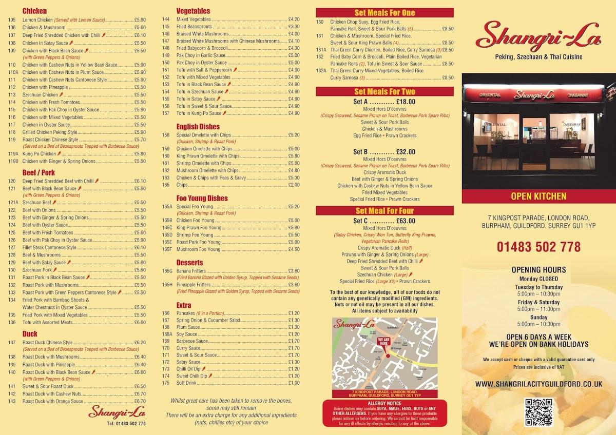 Menu at Shangri La fast food, Guildford