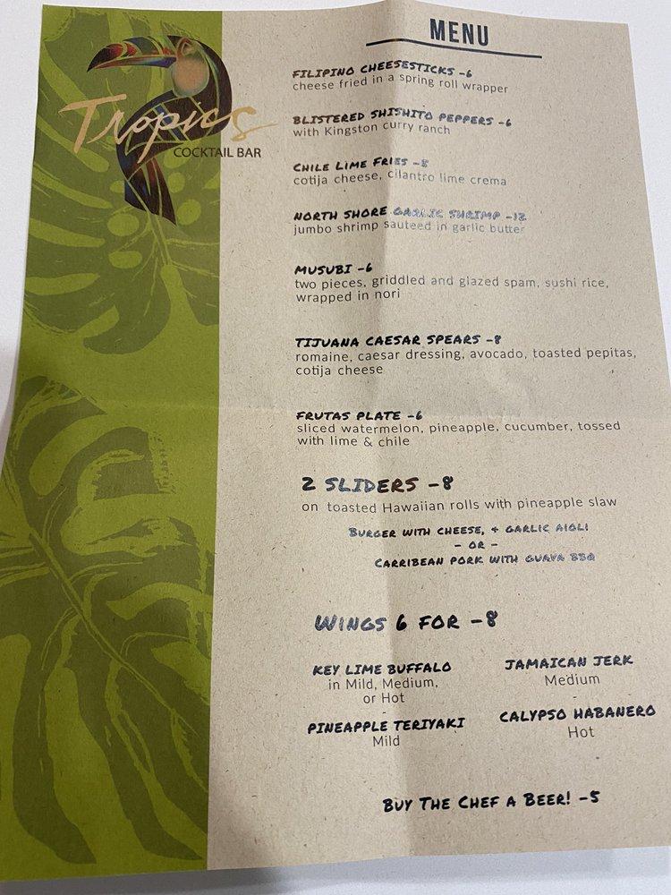 Menu at Tropics Cocktail Bar, Cocoa Beach