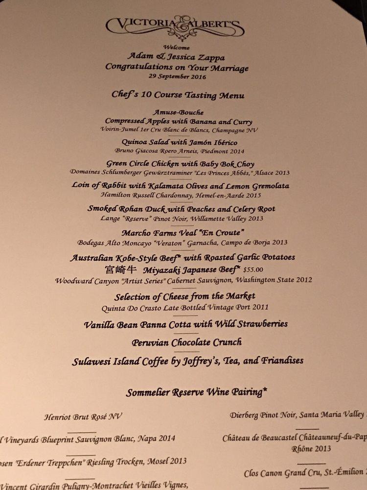 Menu at Victoria & Albert's restaurant, Orlando