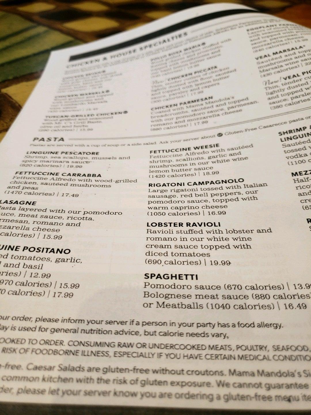 Menu at Carrabba's Italian Grill restaurant, Independence, E Valley