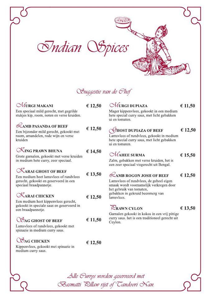 Menu at Indian Spices, Emmen