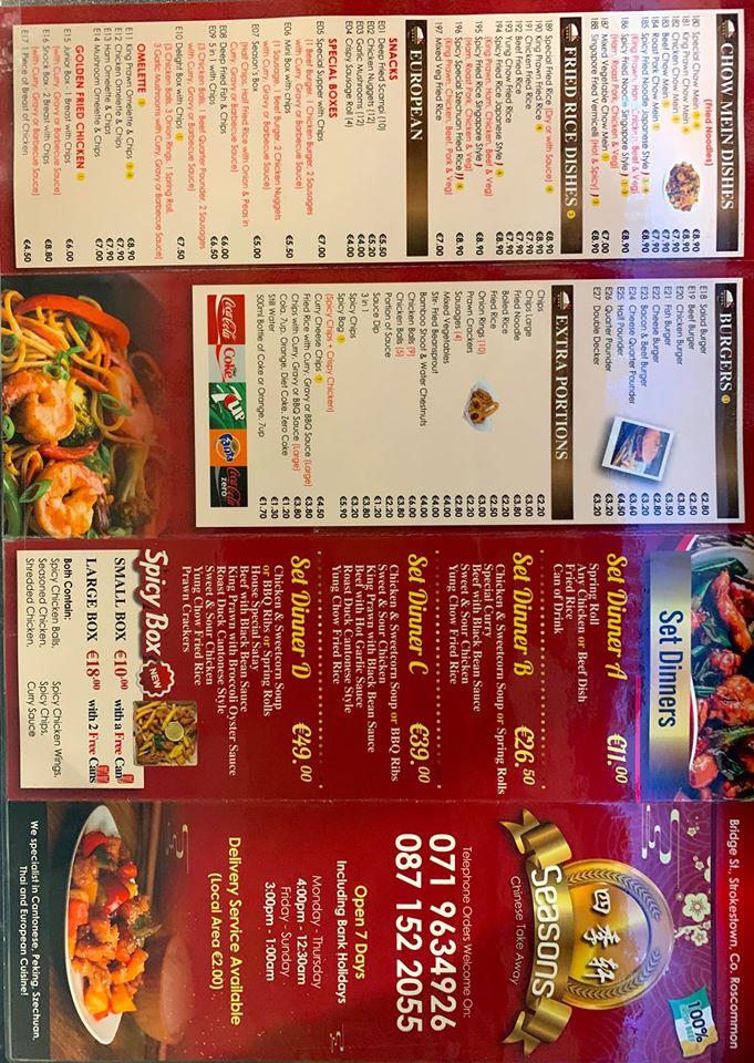 Menu At Seasons Chinese Takeaway Fast Food Strokestown 