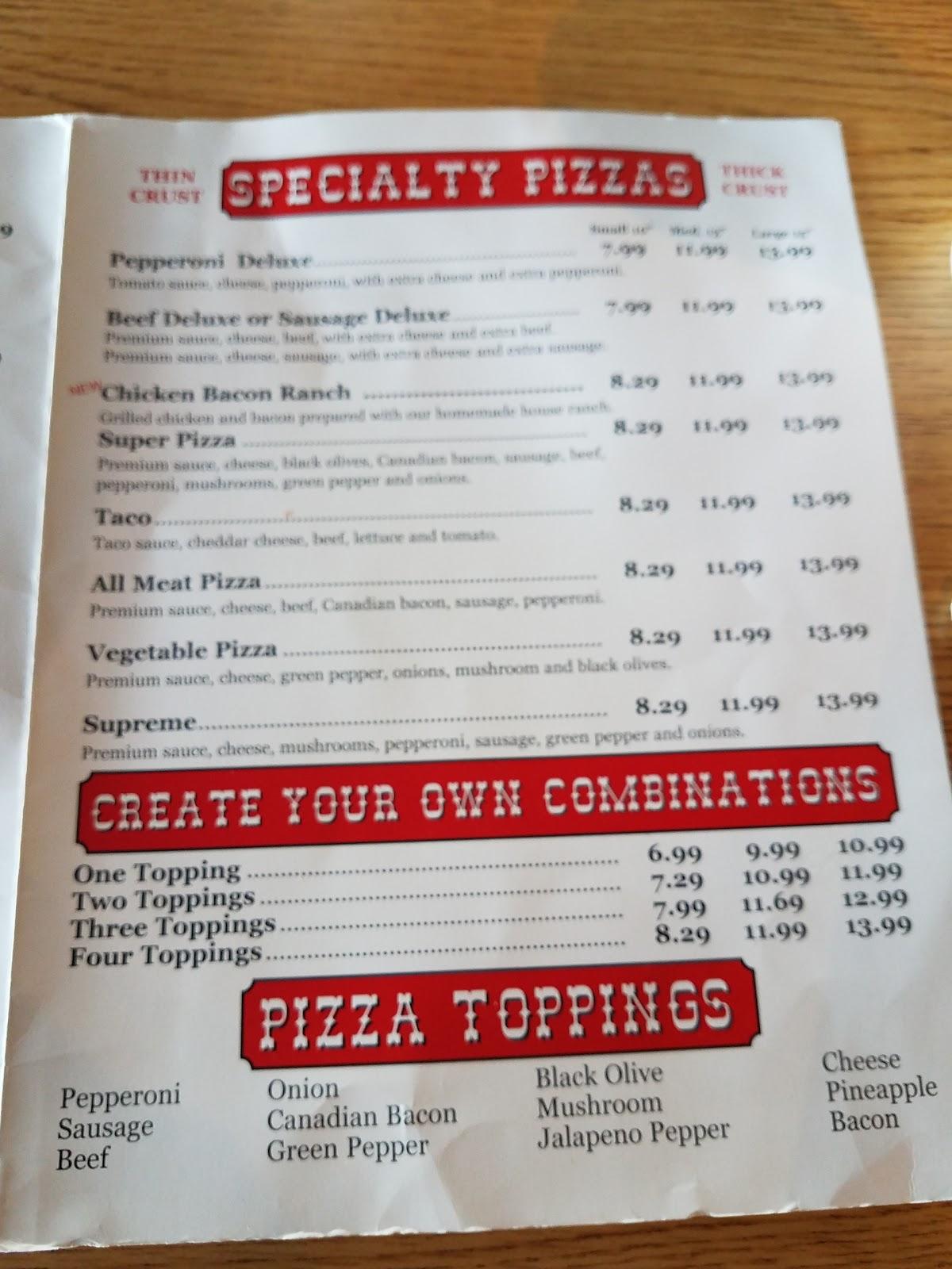 Menu at Big Banjo pizzeria, Dumas
