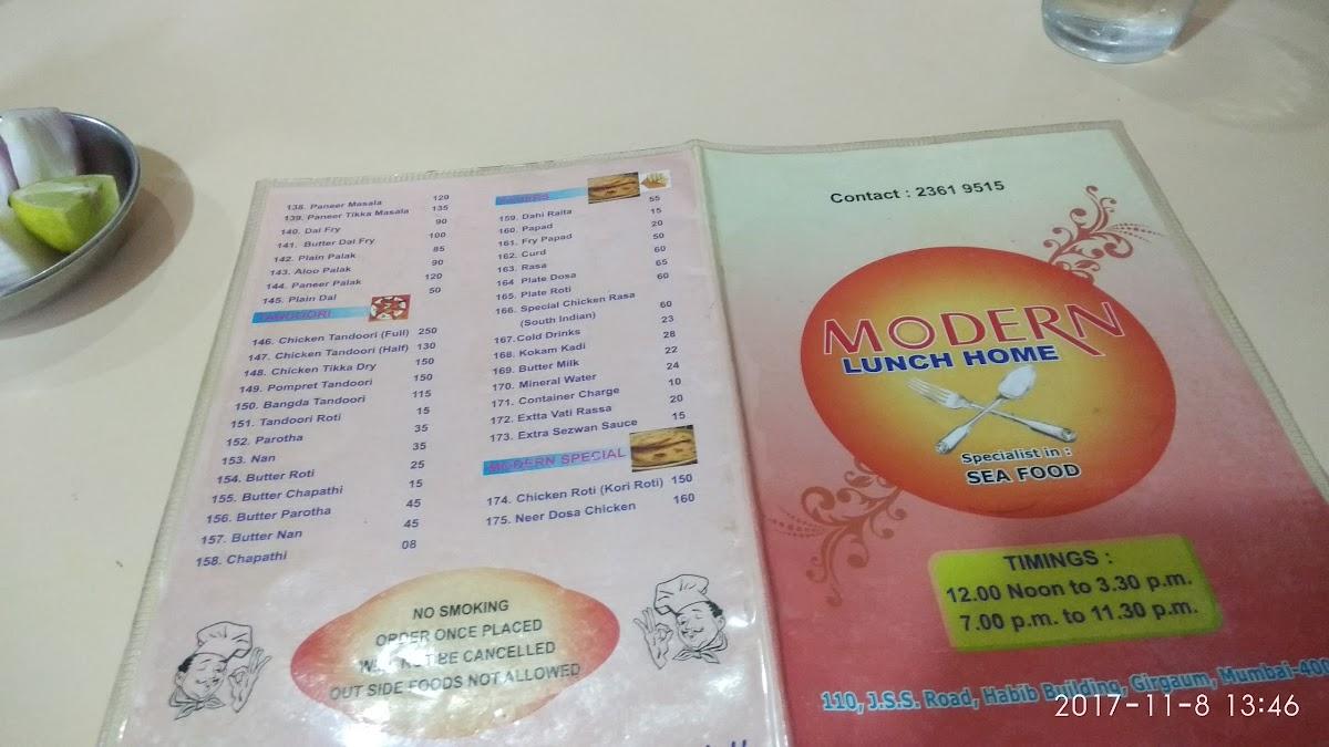 Menu at Modern Lunch Home, Mumbai, 110, Habib Building, Charni Road