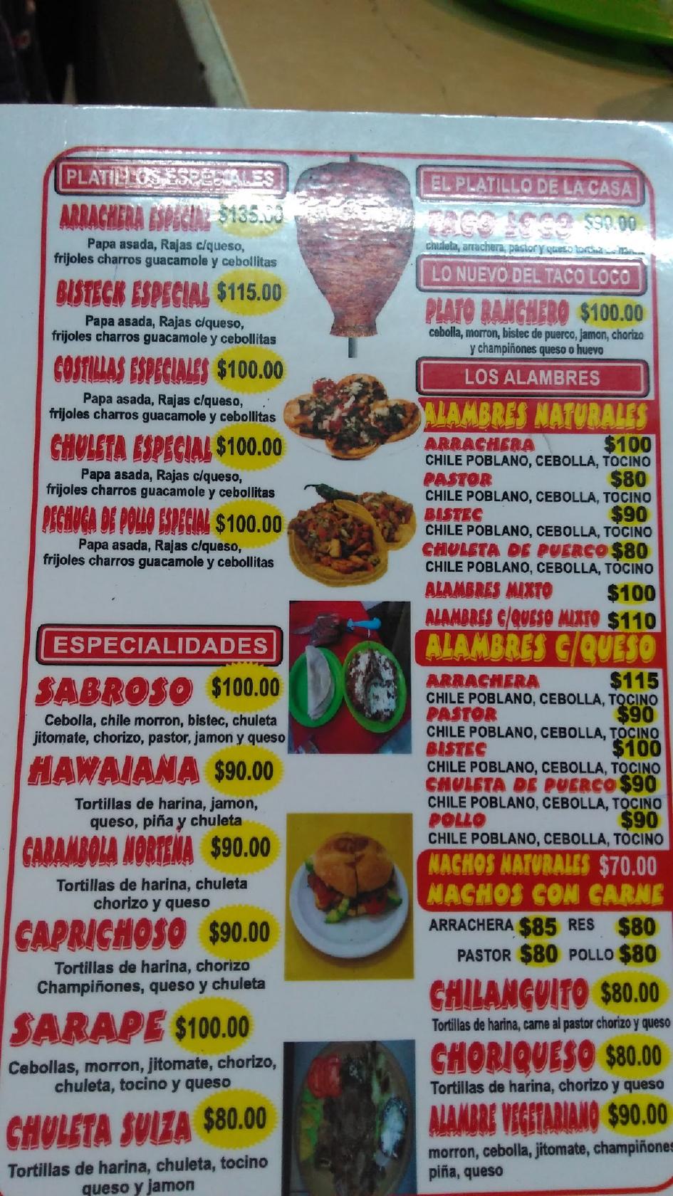 Menu at Taqueria El taco loco de Richard restaurant, Cancún