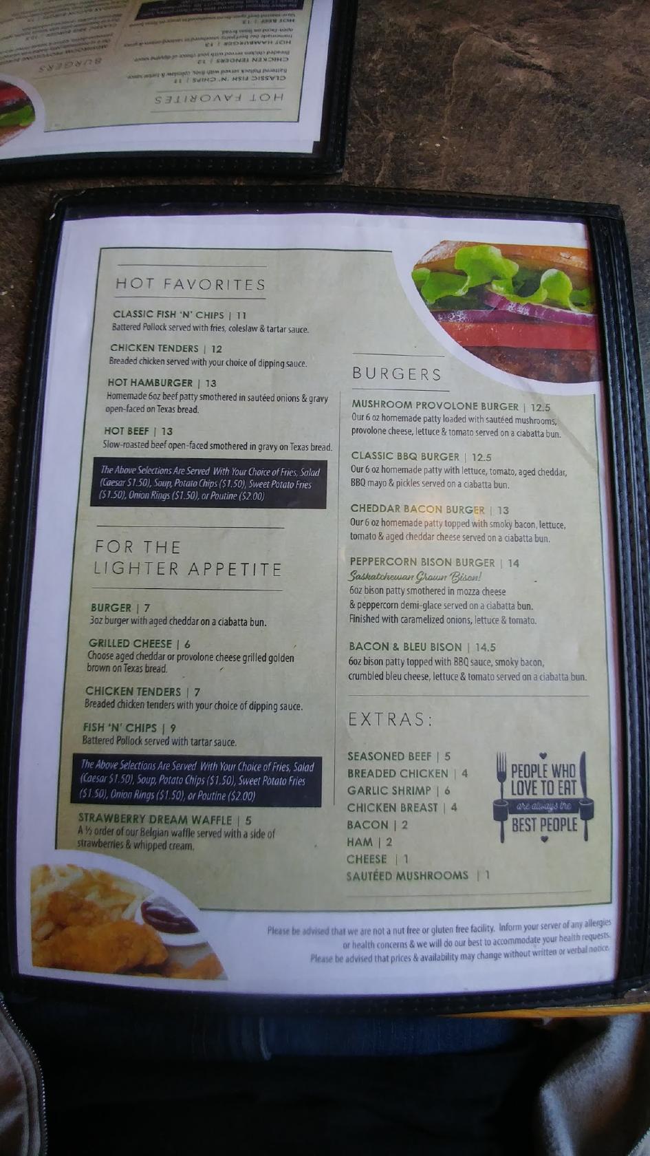 Menu at Sportsman Motel restaurant, Kelvington