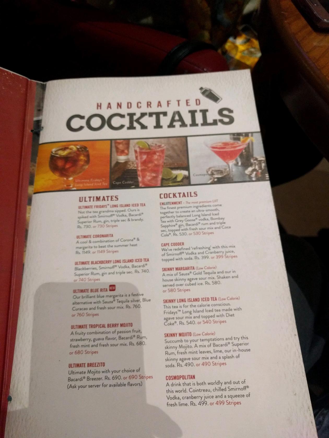 Menu at TGI Fridays, Hyderabad, Survey No 1009