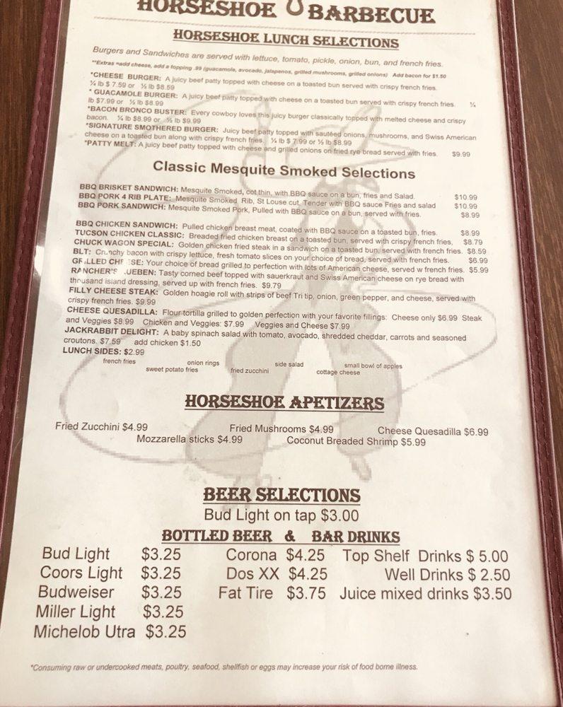 Menu at Horseshoe Barbecue and Bar, Picture Rocks