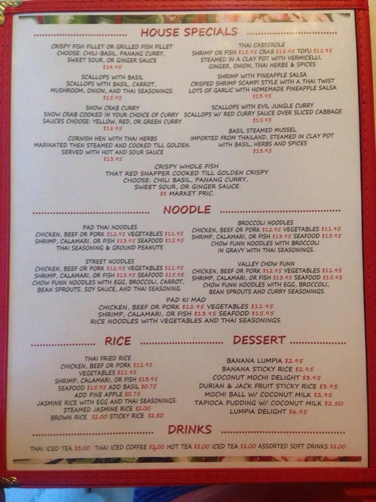 Menu at Thai Valley Cuisine restaurant, Honolulu