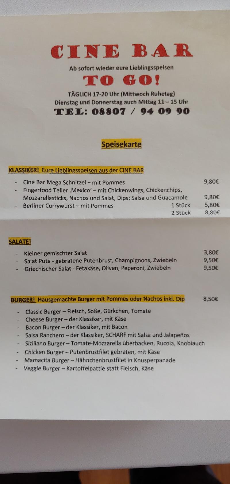 Menu At CineBar, Dießen Am Ammersee