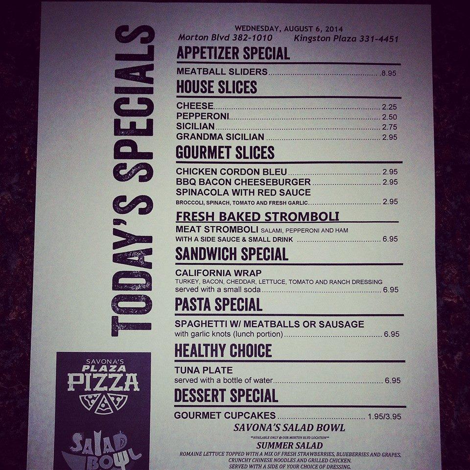Menu at Savona's Pizza pizzeria, Kingston