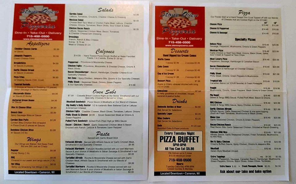 Menu at Stone Oven Pizzeria, Cameron
