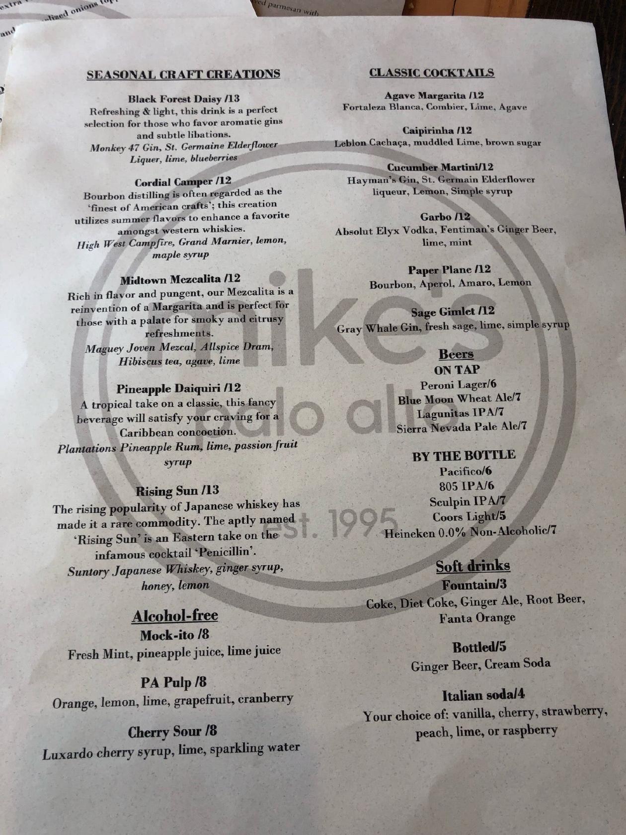 Menu at Mike's Diner Bar Palo Alto, Palo Alto