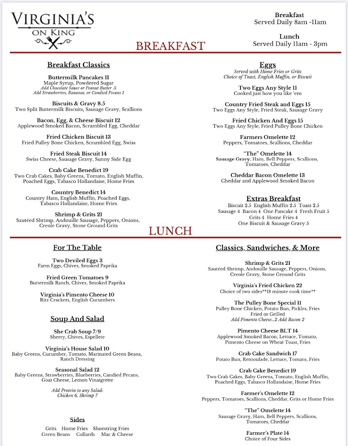 Menu at Virginia's On King restaurant, Charleston