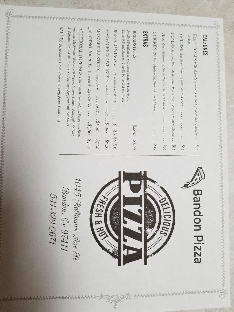 Menu at Bandon Pizza pizzeria, Bandon, Baltimore Ave SE