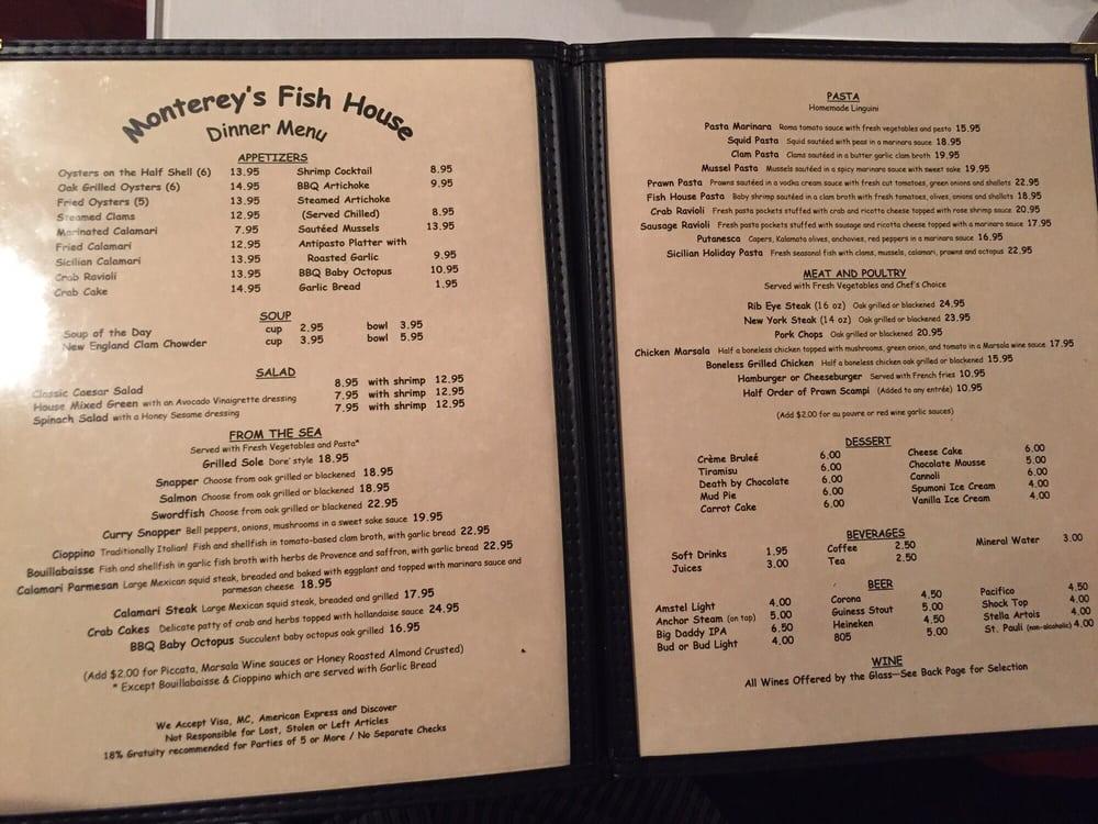 Menu at Monterey's Fish House restaurant, Monterey