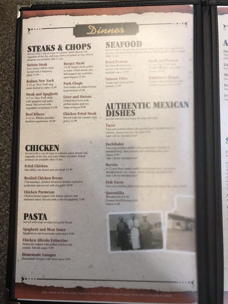 Menu at The Kafana at Bordertown restaurant, Reno, US395