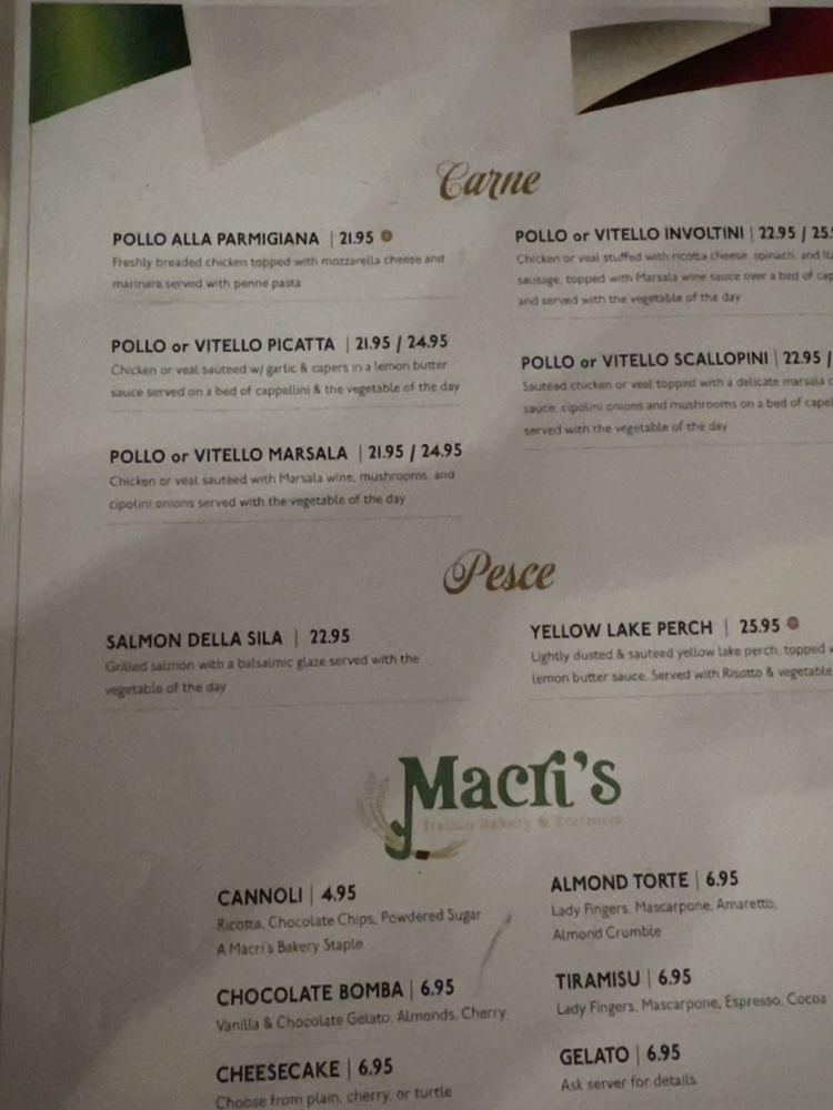 Menu at Macri's Italian Bakery, South Bend