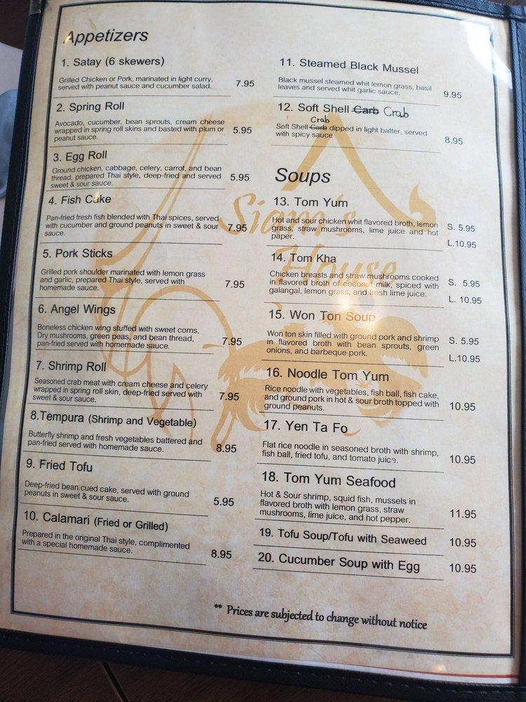 Menu at Siam's House Restaurant, Niles