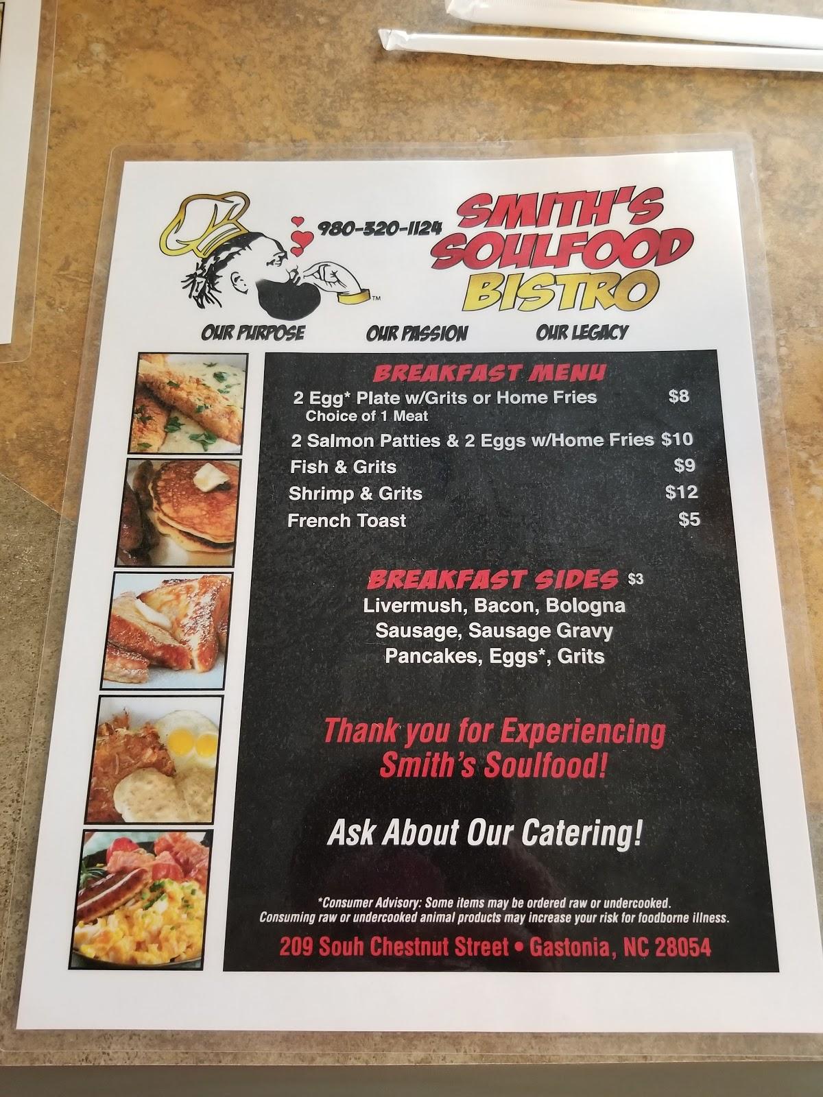 Menu at Smith's Soul Food Bistro restaurant, Gastonia