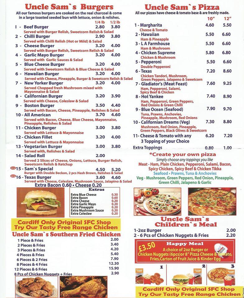 Menu At Uncle Sam s Fast Food Cardiff