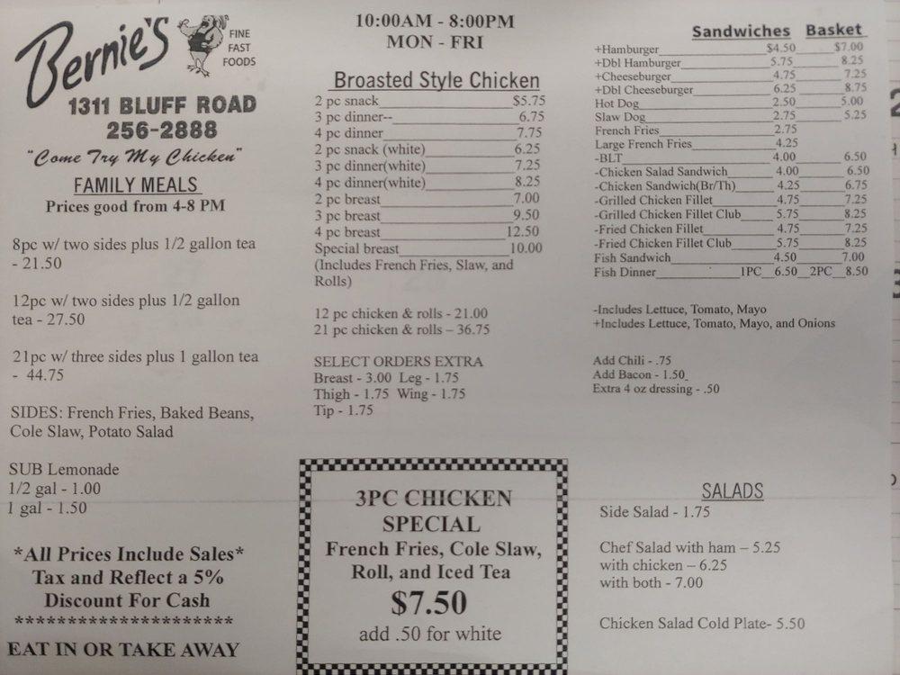 Menu At Bernie's Chicken Restaurant, Columbia