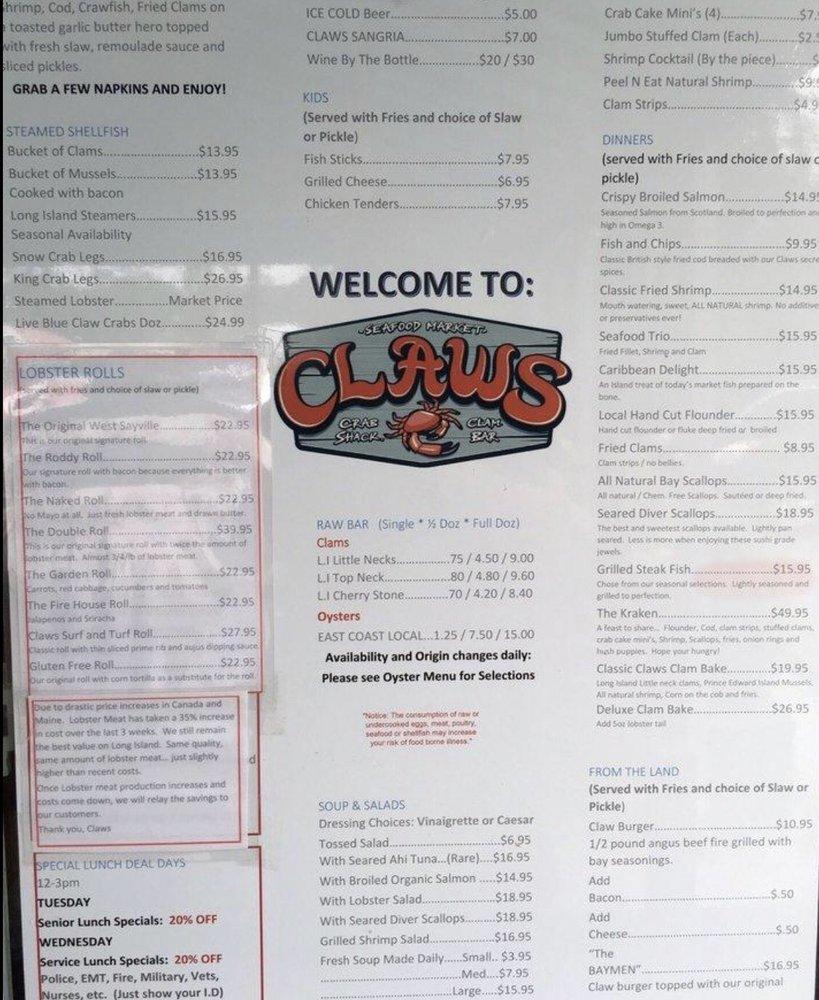 Carta del restaurante Claws Seafood Market, West Sayville