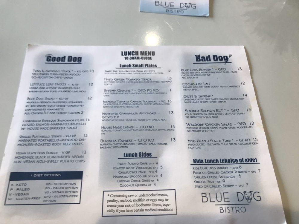 Menu at Blue Dog Bistro restaurant, Ocean Springs