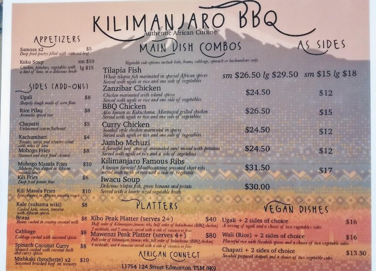 Menu at KILIMANJARO BBQ, Edmonton