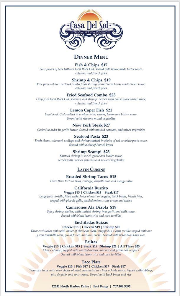 Menu at Casa Del Sol restaurant, Fort Bragg