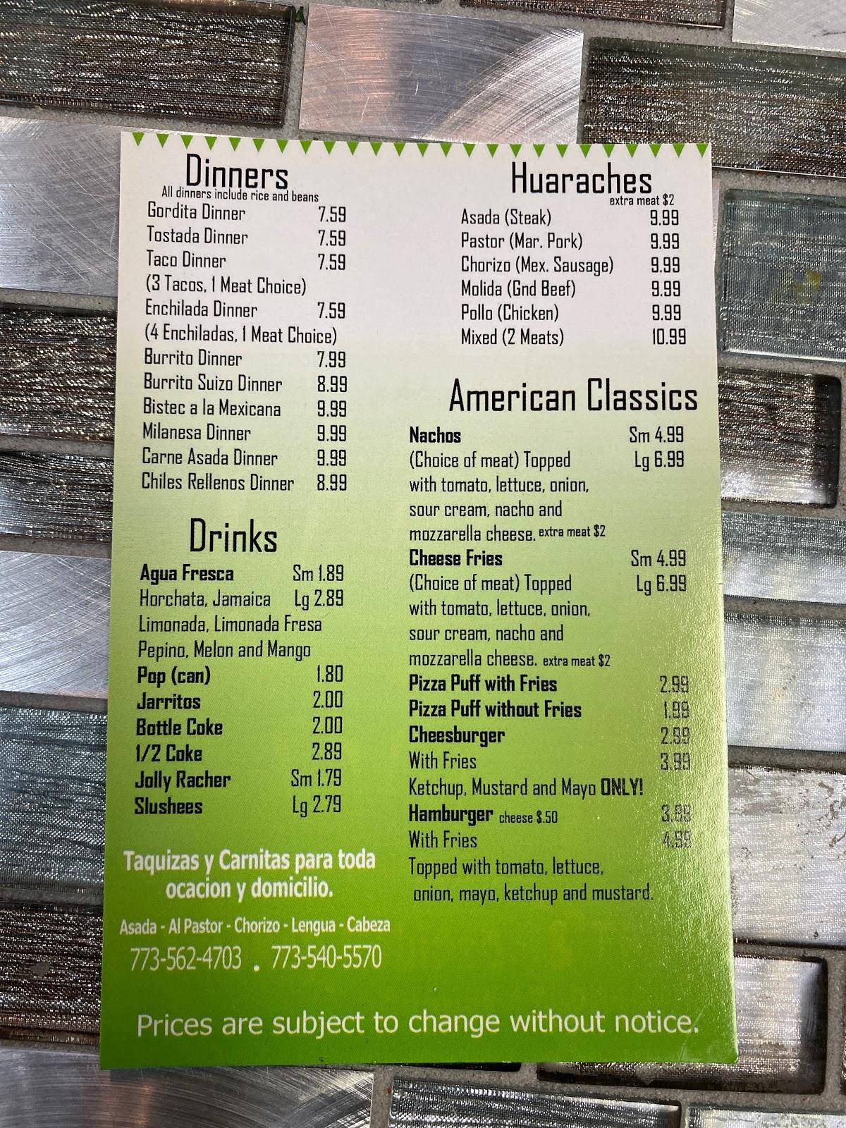 Menu at El Rey del Taco restaurant, Hammond