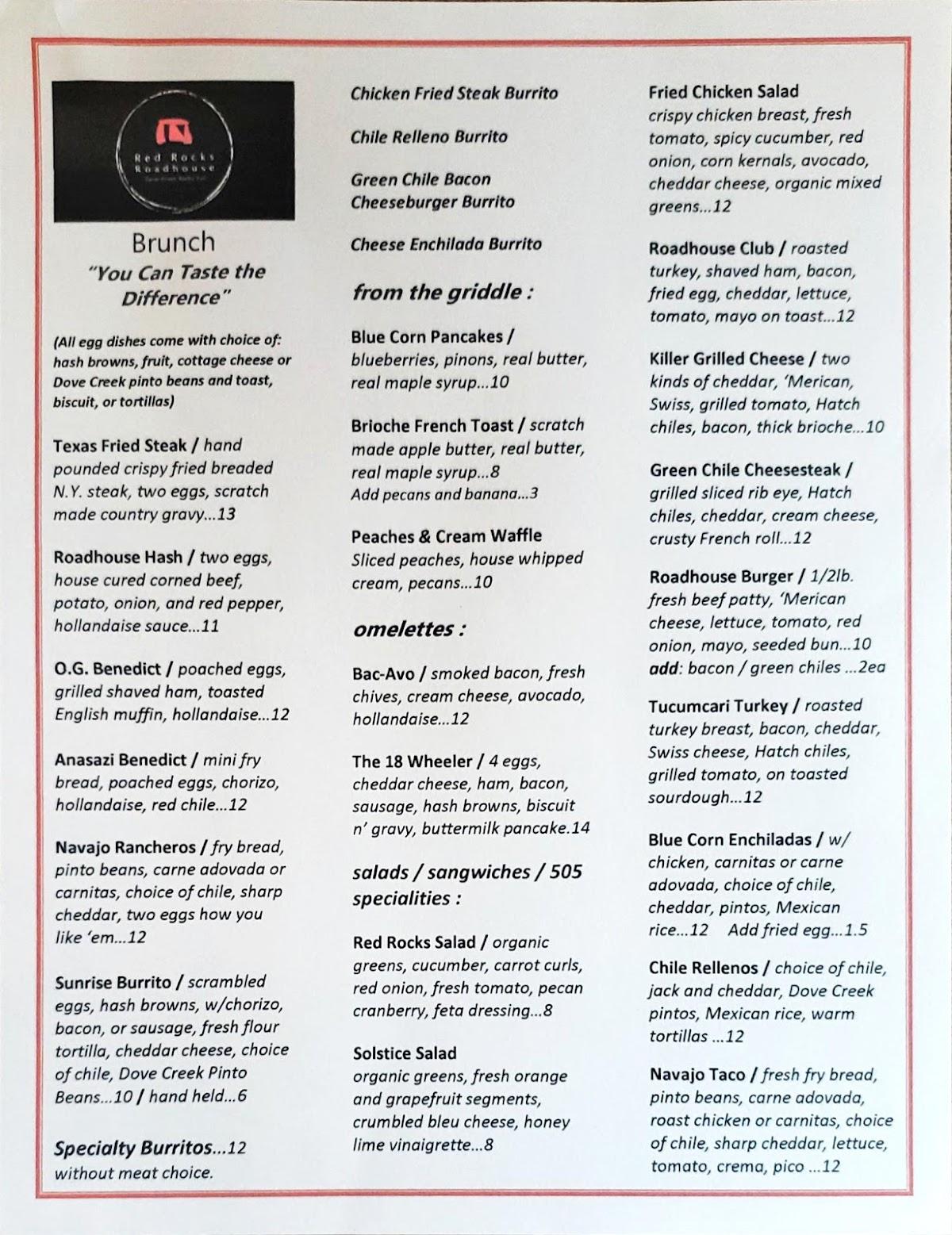 Menu at Red Rocks Roadhouse restaurant, Farmington